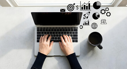 top view of person hands typing on laptop keyboard with digital business icons for marketing strategy data analysis startup growth and financial planning on white office desk