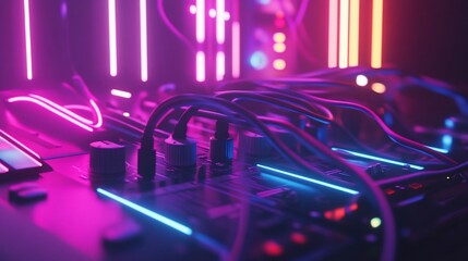 Neon-lit PC components, cables, close-up, gaming setup, background