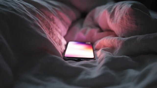 A glowing smartphone rests on rumpled white bedding, captured in a moody low-light shot with shallow focus, creating a dark, intimate atmosphere with pink reflections in the bedroom.