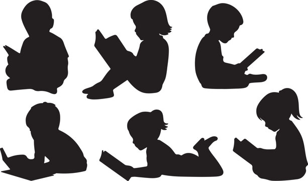 Children Reading Silhouettes Set Black Vector Illustration Kids Books Education Learning, black and white silhouette, vector and illustration	