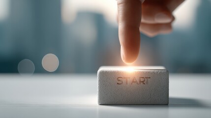 A business leader activating a large symbolic START button in a modern setting.