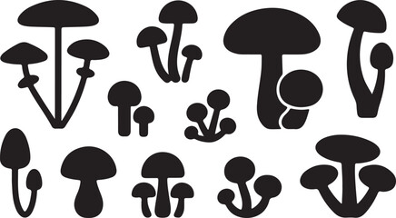 Mushroom Silhouettes Set Black Vector Collection Fungi Forest Botanical, black and white silhouette, vector and illustration  © 69creativedesigner