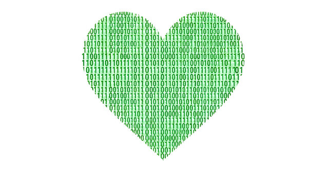 A green heart shape formed by binary code on a black background