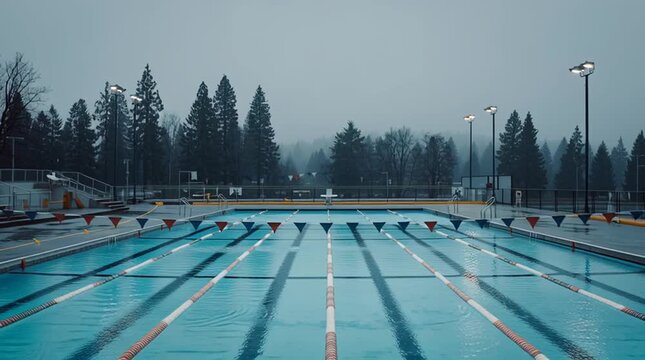 Empty Olympic size swimming pool under grey skies evoking solitude symmetry and quiet architectural beauty
