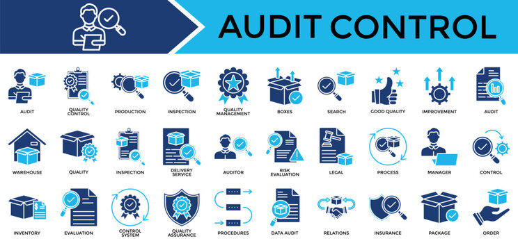 Audit Control icon set collection. Containing legal, operation, program, review, transfer, inspection, improvement .Solid vector icons collection
