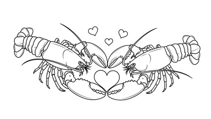 Two lobsters facing each other, forming a heart shape with their claws, surrounded by smaller hearts, in a detailed line art drawing.