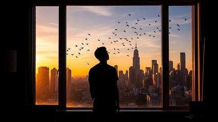 A person stands in silhouette against a window, gazing at a vibrant sunset over a sprawling city skyline.