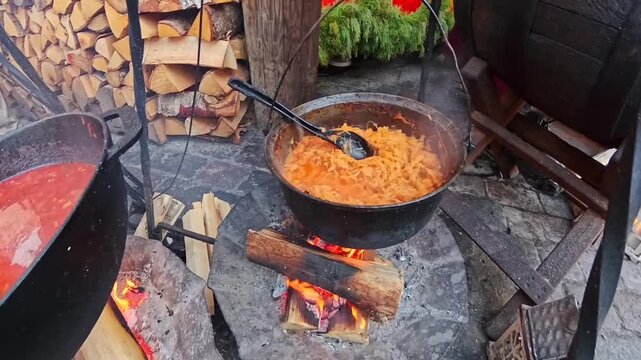 Cast-iron cauldron of cabbage stew simmering over an open fire with ladle stirring, stacked logs and smoke around an outdoor market cook station.