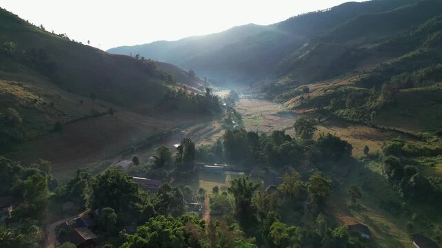 Aerial view from drone of the rural village in the mountains