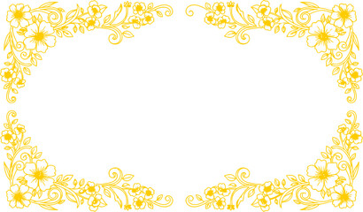 Obraz premium A decorative yellow floral frame with intricate swirls and flower patterns on a white background, forming an elegant border.