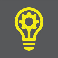 Minimalist yellow lightbulb icon with internal mechanical gear illustrating technical innovation and functional ideas