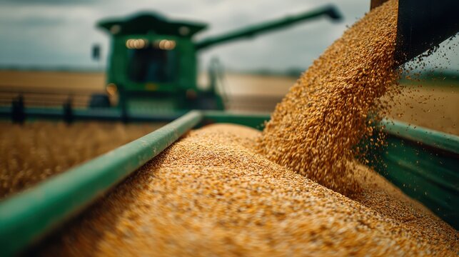 A green combine harvester unloading grain into a chaser bin in a farm field.