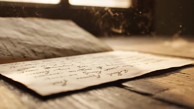A dramatic close-up captures an antique handwritten letter resting open on rustic wooden planks, bathed in warm golden light and sepia tones, evoking a strong sense of history and nostalgia indoors.
