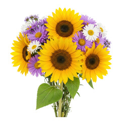 Fototapeta premium Vibrant bouquet of sunflowers, daisies, and asters in full bloom isolated on white background