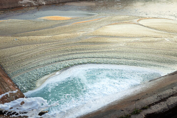 Contaminated sewage dirty fluid mix with chemical or crude oil, it floating on water surface at...