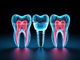 Dental Technology Three glowing blue wireframe teeth with red glowing roots and one dental implant