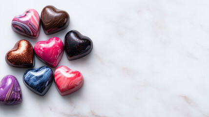 Colorful heart shaped chocolates on a marble surface for valentines day