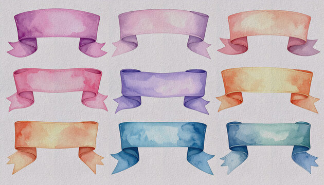 Set of nine watercolor blank banner ribbons in pastel and colorful shades