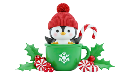 Cute Christmas Penguin in a Mug with Candy Canes and Holly