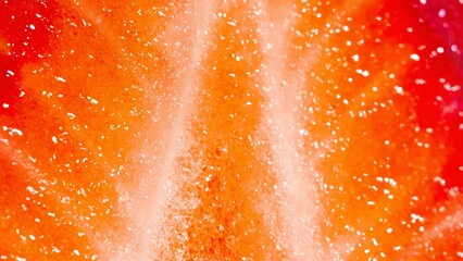 Ultra-close macro of juicy strawberry texture with fine pulp, natural moisture, and glossy...