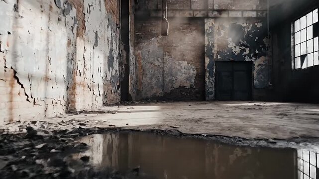 Abandoned Factory Interior - An empty warehouse shows signs of decay with peeling paint and brick walls. Water puddles on the cracked concrete floor reflect light from the windows.