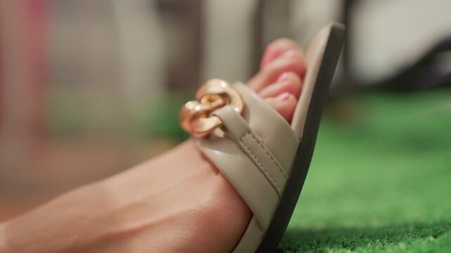closeup woman sandal step on turf, soft gold chain detail on strap, painted toes and smooth skin, sunlit patio and blurred background, shallow depth of field with creamy bokeh, subtle heel lift