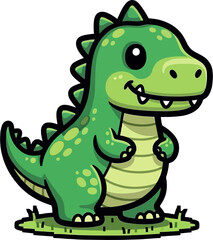 Obraz premium Cute cartoon green dinosaur standing on a patch of grass with a friendly smile and big eyes.