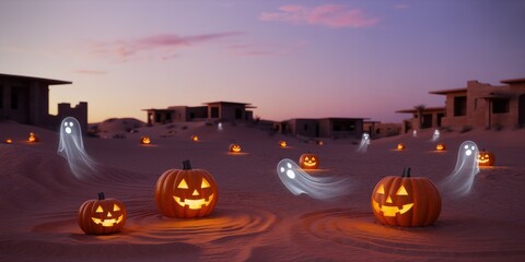 a desert halloween scene with jack o lanterns and ghosts
