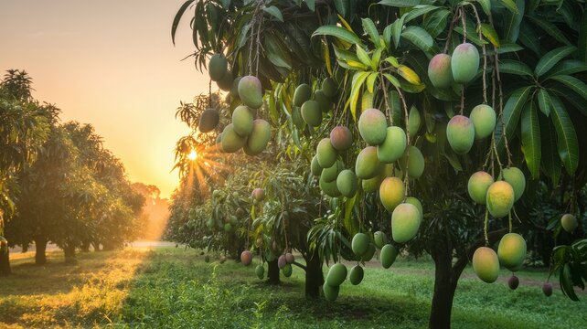 a mango tree with green mangoes in a lush orchard at sunset
