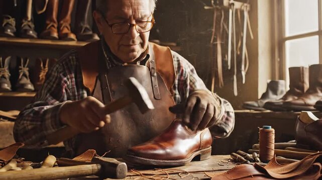 An elderly craftsman hammers leather, shaping a shoe at a sunlit workshop filled with tools, skill!!