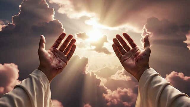 Hopeful Hands Reaching Towards Heavenly Light - This video shows a pair of outstretched hands, marked with wounds, reaching up towards a bright light shining through the clouds.