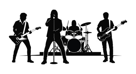 A captivating band performance with a singer guitarists and drummer in a striking silhouette © MIRAJ02