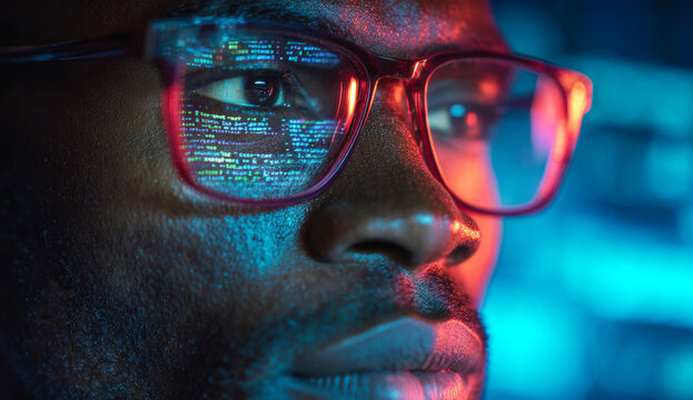 A young man with dark skin wearing red-tinted glasses reflecting digital computer code, illuminated by vibrant neon blue and red lights in a futuristic tech environment