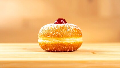 Sugared Jelly Donut Topped with Cherry Jam on a Wooden Surface, Perfect Sweet Treat for Holidays and Celebrations