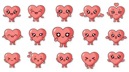 Obraz premium A collection of cute, kawaii heart characters with various expressions and poses, including Valentine's Day icons, on a clean white background in a flat lay composition.