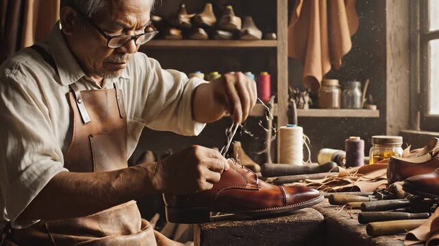 A craftsman in an apron works at a leather benchfocused amid tools and spools. in a warm studio, eh