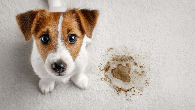 Adorable Jack Russell Terrier puppy with big eyes sitting on a white carpet next to a large brown stain.
