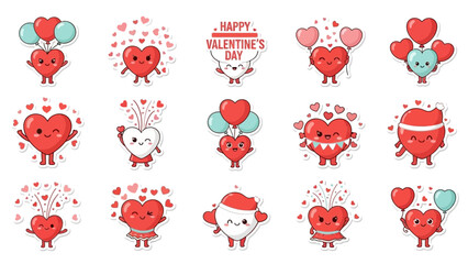 A collection of cute and kawaii Valentine's Day characters, icons, and vector graphics featuring hearts, love symbols, and festive designs on a clean white background.