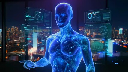 Virtual figure displaying live health, Augmented human avatar amidst urban nightscape, Interactive digital representation engaging with realtime health analytics over urban night view - Powered by Adobe