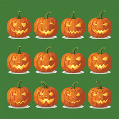 Carved pumpkins with various scary faces on green background
