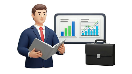 3D Businessman with Charts and Briefcase