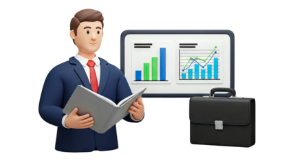 3D Businessman with Charts and Briefcase