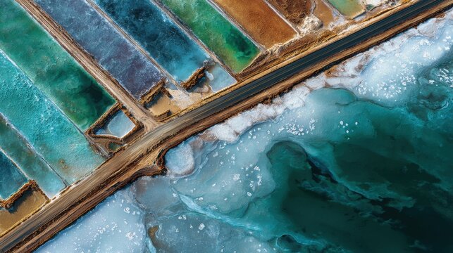 Aerial view of salt evaporation ponds with viintimate apparelnt turquoise water and crystallized salt