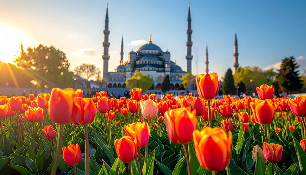 Blue mosque in istanbul with tulips, turkey travel landmark