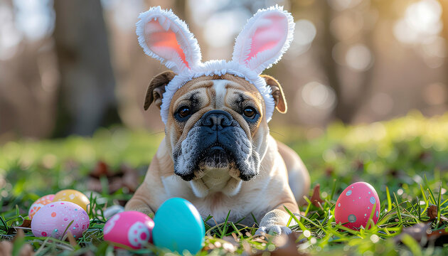 Bulldog wearing bunny ears with easter eggs on grass, funny holiday pet - Powered by Adobe