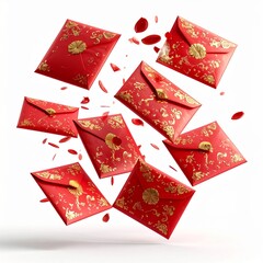 Floating red lucky envelopes hongbao isolated on white