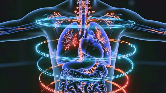 Chest anatomy animation showing heart lungs energy flow and diagnostic rings, cardiology researcher visualizing circulation and pulmonary branching in neon blue and red tones.