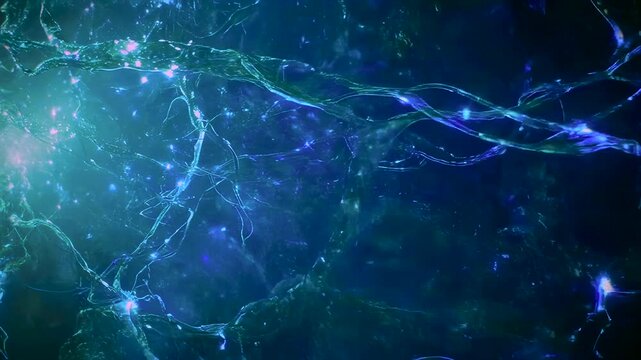 glowing neural web in deep blue with scattered synapses and faint light nodes, Bioelectric signals traveling through the nervous system