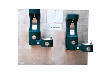Public aluminum green faucets attached to silver aluminum plate for drinking only isolated on cutout PNG or transparent background. Plumbing for bathrooms and public restrooms.