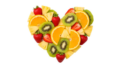 A vibrant heart shape formed from a colorful assortment of fresh fruit slices including strawberries kiwi orange and pineapple presented against a black background